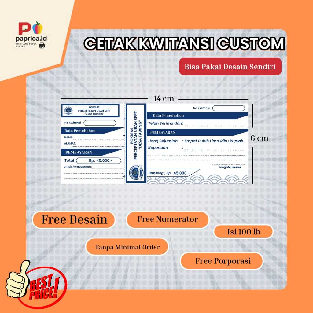 

KWITANSI CUSTOM CETAK LOGO DAN NAMA USAHAMU - FREE DESAIN DAN TANPA MINIMAL ORDER (paprica.Id)