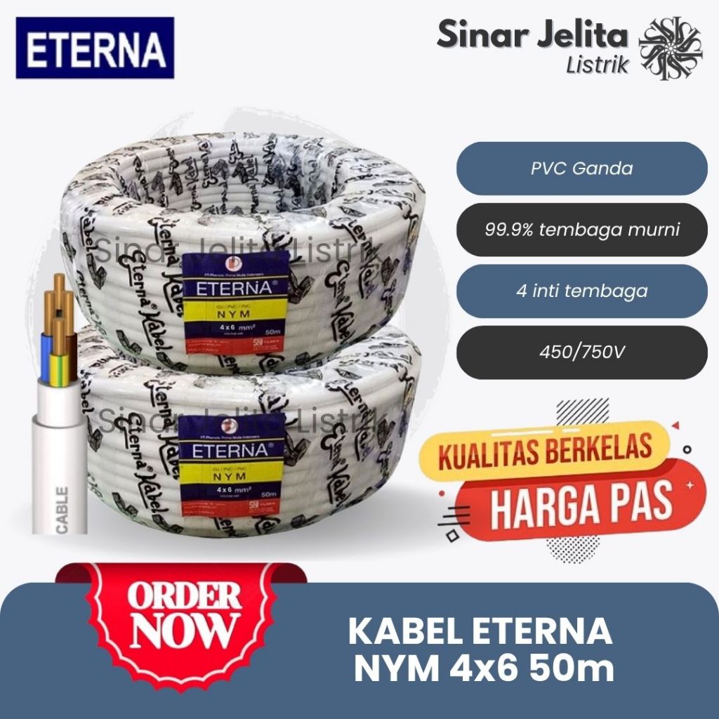 Kabel ETERNA NYM 4x6mm ROLL 50 METER | Kabel Listrik NYM 4x6mm | Kabel Kawat Tembaga Isi 4 SNI