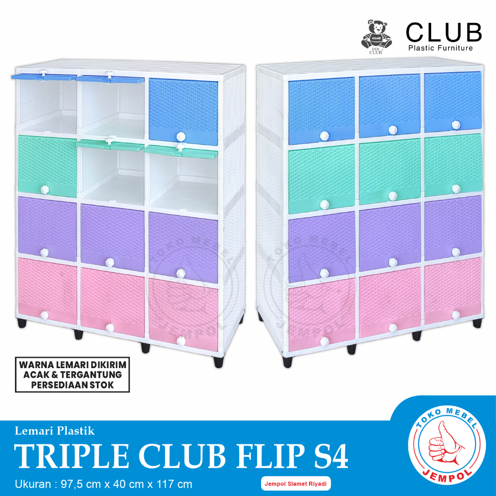 Lemari Plastik Triple CLUB Flip 4 Susun / Lemari Sap 12 Pintu / Warna Motif Acak