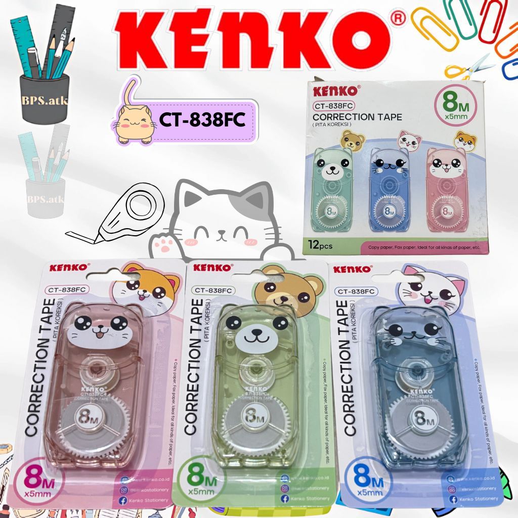 

(12pcs) KENKO Correction Tape / Tip X Kertas CT - 838FC Motif Karakter Lucu 8Mx5mm Pita Koreksi