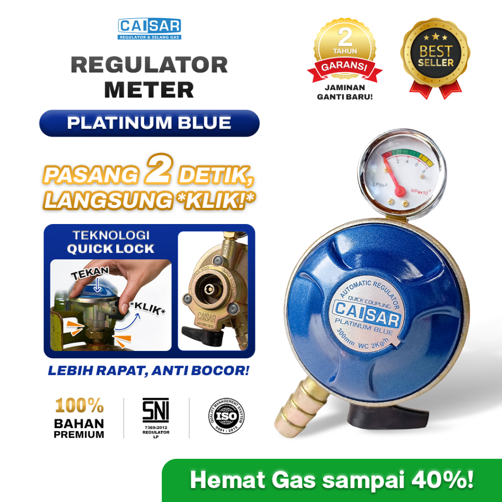 CAISAR - Regulator Kompor Gas Meter AUTO LOCK QUICK COUPLING ANTI BOCOR | Platinum Blue SNI Pasang A