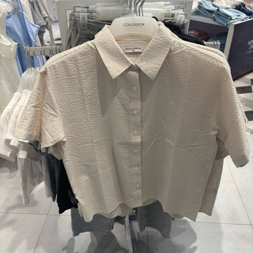 kemeja lengan pendek garis teksture crinkle Colorbox