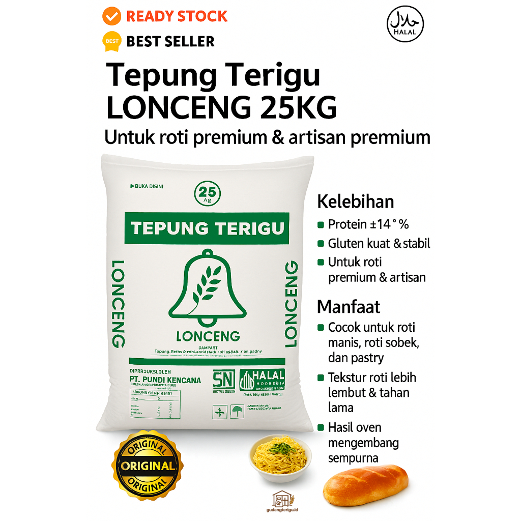 

Tepung Terigu Protein Tinggi Lonceng 25KG - Roti Pastry Mie | Terigu Ekonomis Premium Halal SNI