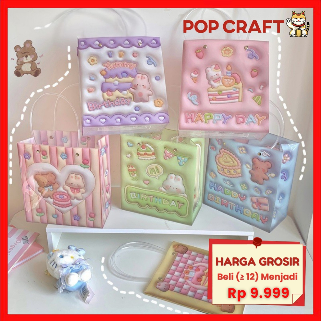 

PC Plastik Bag Tote Bag Tahan Air Tas Kado Hadiah Ulang Tahun Kartun Bear Paper Bag Aesthetic ST02