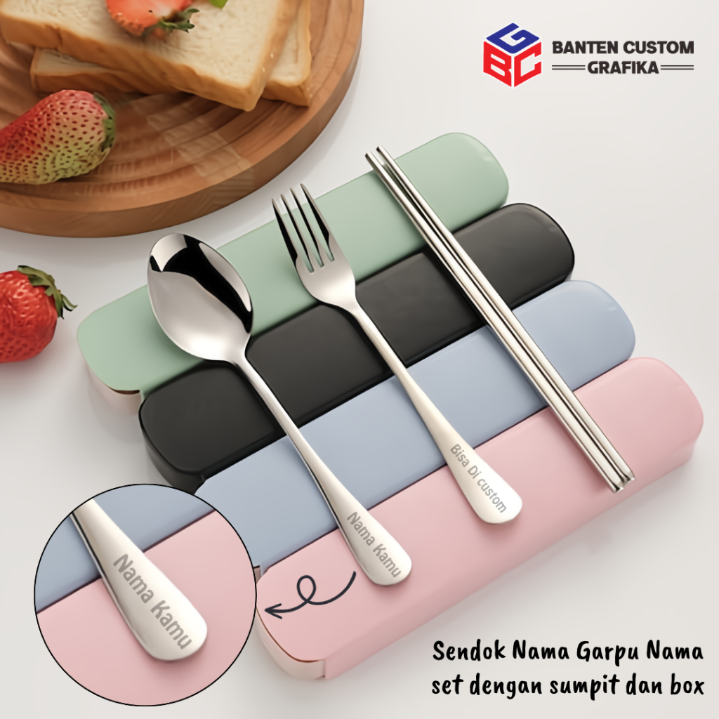 Custom Sendok Nama Garpu Nama Set dengan Sumpit dan Box / Sendok Garpu Set