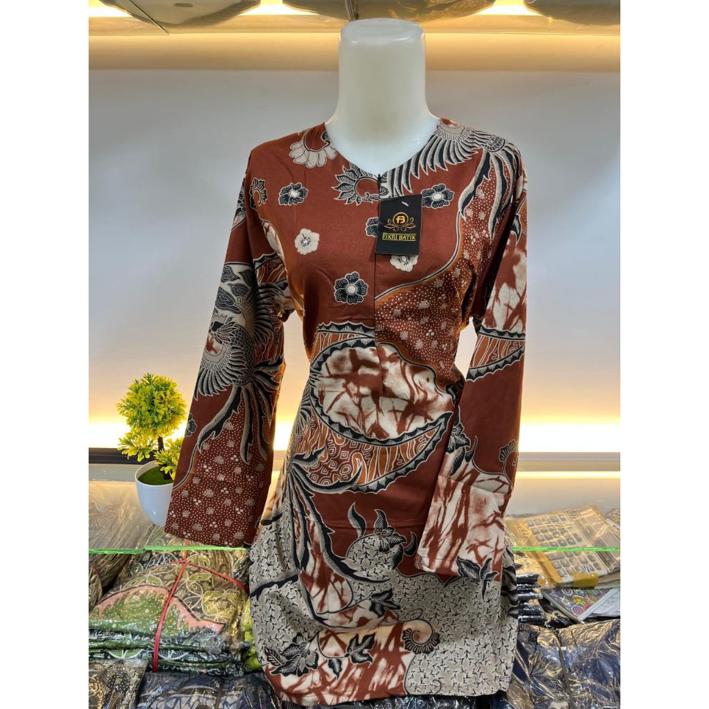 batik model tunik lengan panjang Terakota bahan katun