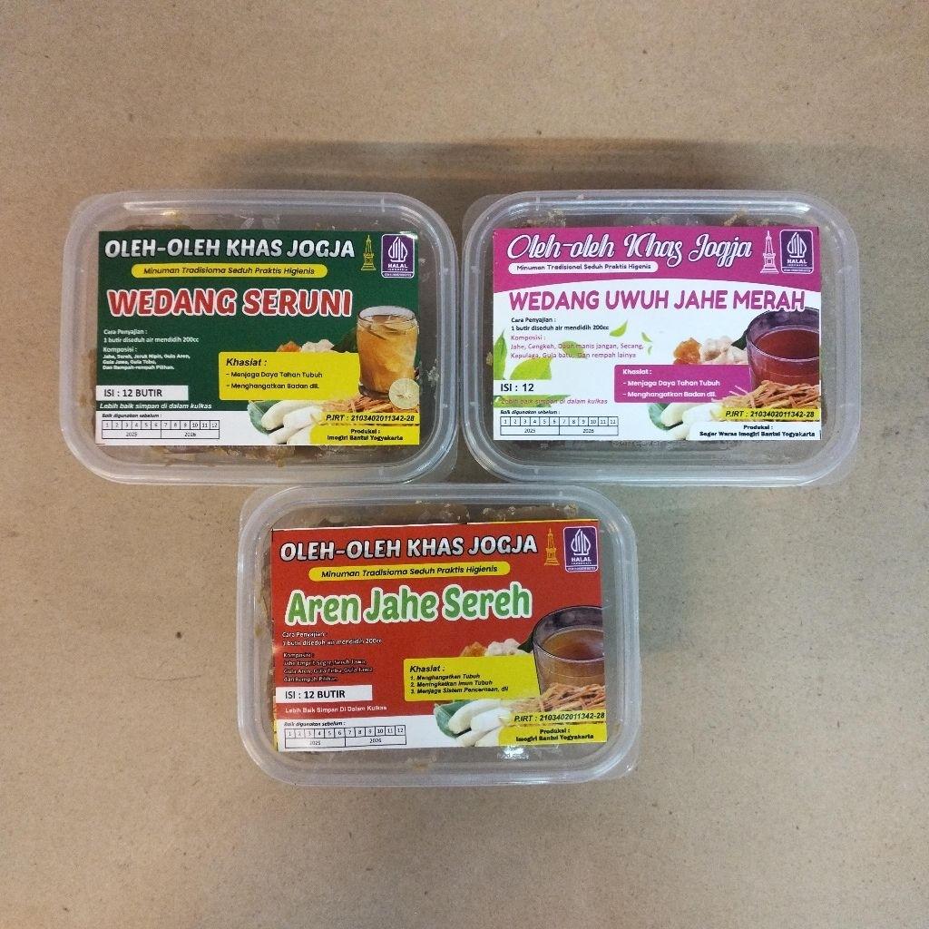 Minuman tradisional wedang seruni, aren jahe sereh, wedang uwuh jahe merah, gula jahe merah khas Jog