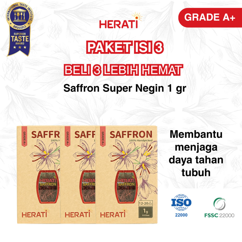 

Paket Bundling Isi 3 Herati Saffron Afghanistan Super Negin 1 gr Bunga Safron Grade A+ Premium Original