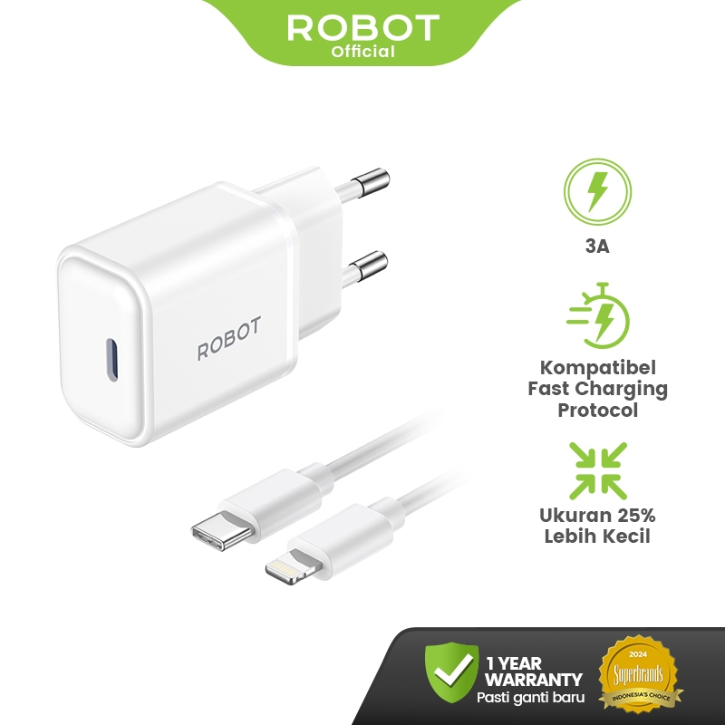 ROBOT Adaptor Kepala Charger iPhone 17 16 15 GaN 20W Fast Charging Samsung Type C & Lightning RT-P20