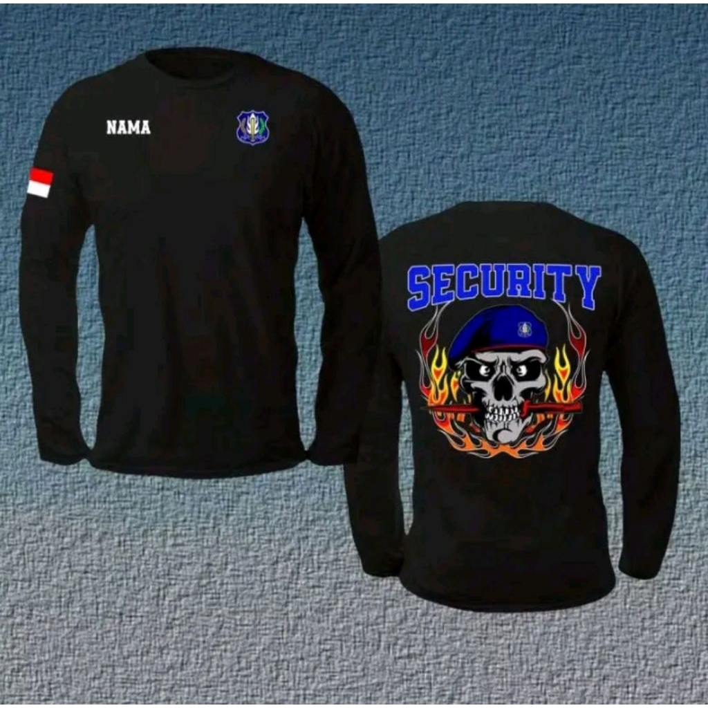 KAOS HITAM LENGAN PANJANG  SECURITY TENGKORAK BARET BIRU Desain Keren Free Nama