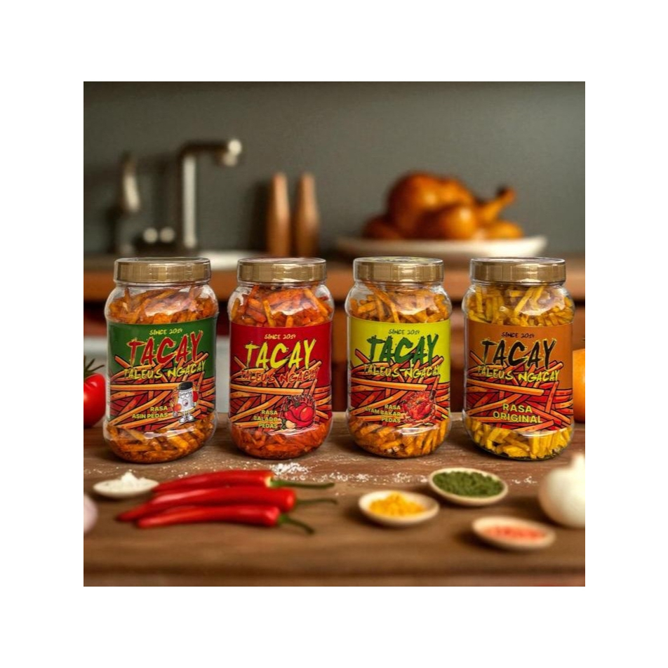 

Cemilan Tacay Stik Talas Original Balado Pedas Ayam Bakar Pedas Asin Pedan 135gr