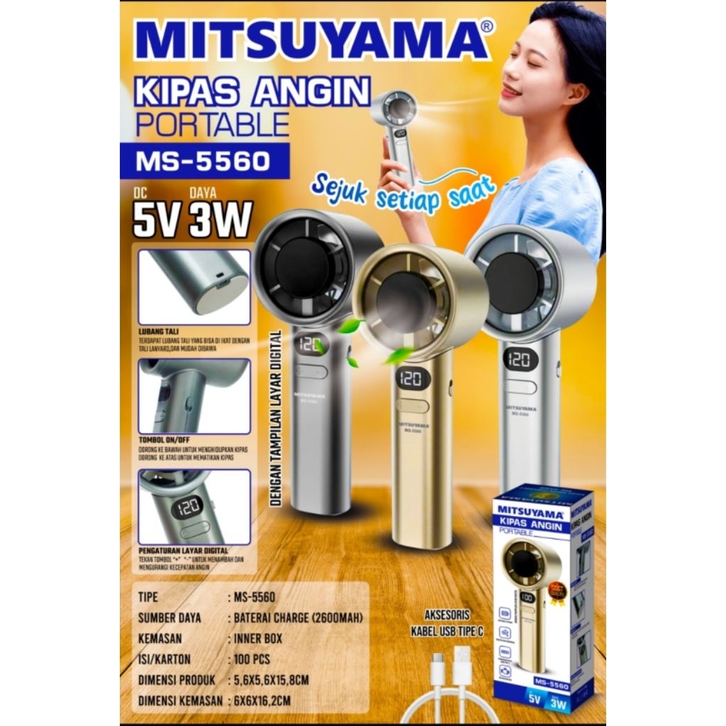 MITSUYAMA KIPAS ANGIN PORTABLE MS 5560 LAYAR DIGITAL BATERAI BESAR