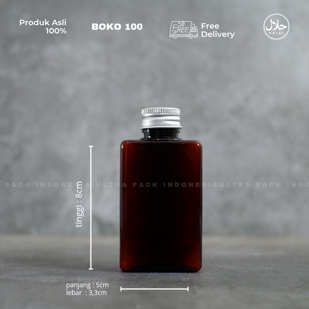 KEMASAN MINUMAN BOTOL FOOD GRADE - PET BOKO 100ML AMBER + TUTUP ULIR ALUMINIUM
