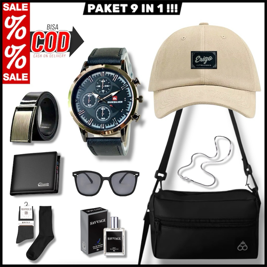 RS- (PAKET 9IN1 KEREN)Beli Tas Selempang Pria/Waisbag Gratis Jam Tangan Tali karet Mewah,Topi Baseba