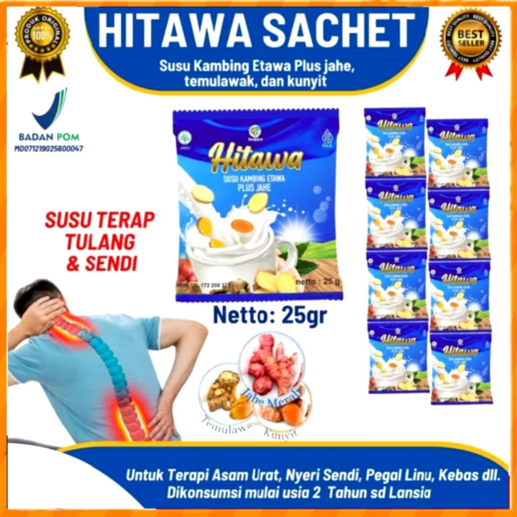 

HITAWA SACHET isi 10pcs Susu Etawa Plus jahe Merah Sehat Sendi dan Tulang