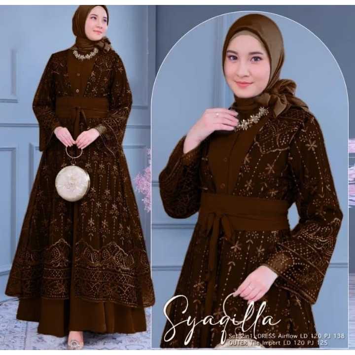 SyAQina Gamis Brokat Outer Set By Shofiya  Gamis Pesta Mewah Elegan Lengan Balon Import XL XXL