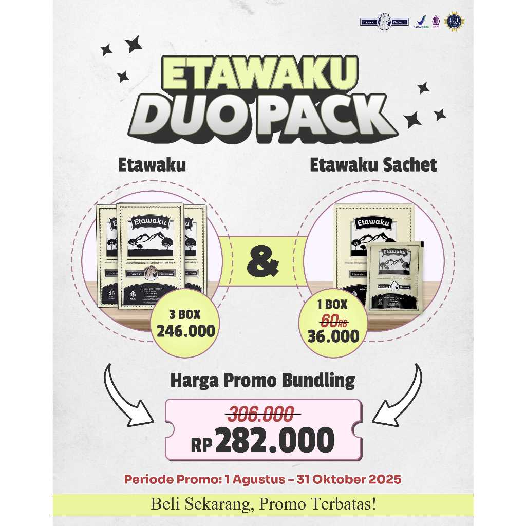 

ETAWAKU DUO PACK (3 BOX ETAWAKU 200g + 1 BOX ETAWAKU SACHET) SOLUSI ASMA & MASALAH PERNAFASAN