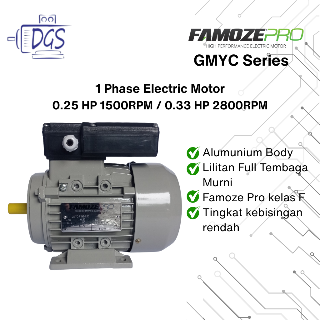 Famoze Pro Dinamo 1 Phase 0,25 HP / 0,33 HP 1400 RPM / 2800 RPM GMYC Electro Motor 1/4 PK 1/3 PK