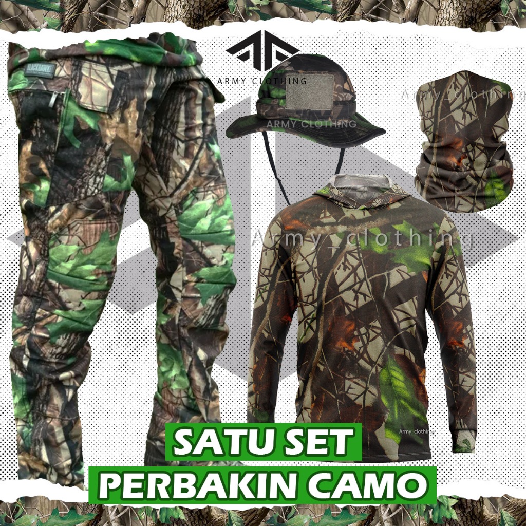 Satu Set Setelan Pria Camo Hunting Berburu Dengan Topi Rimba / Baju Camo Hunting Berburu Full Set