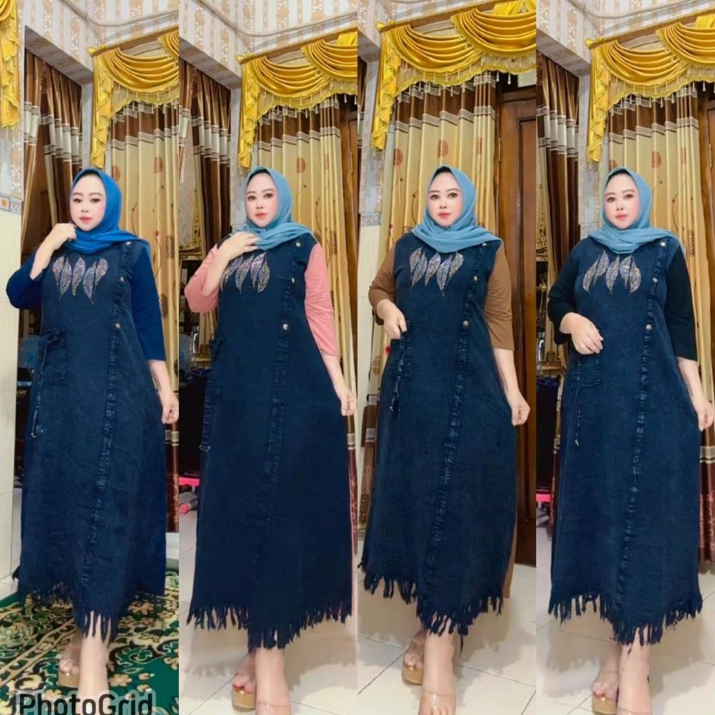 Dress midi rawis jeans kombinasi