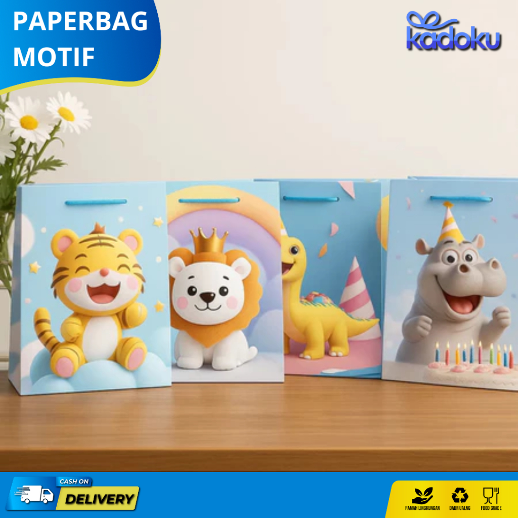 

Paper Bag Ivory/ Paper bag Ultah / Tas Kado Ultah / Goodiebag Ultah / Paper Bag Motif Dino Tiger