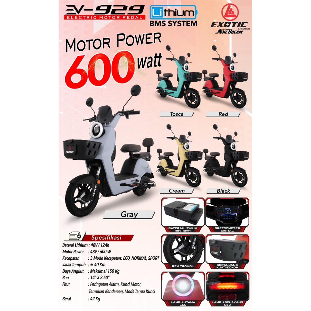 Sepeda Listrik exotic EV-929 Terbaru 2025 Batrai Sudah Lithium