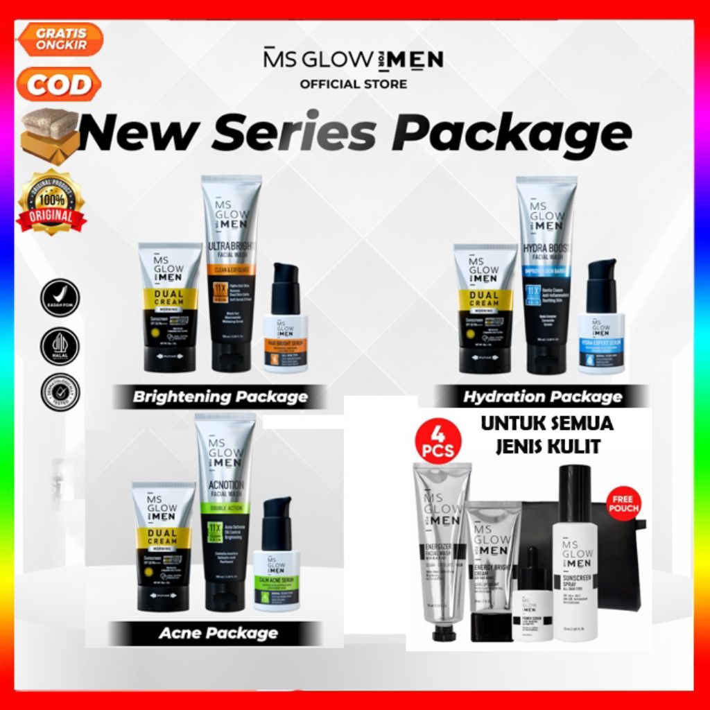 PAKET WAJAH MS GLOW MEN  ACNE BRIGHTENING HYDRATION FACIAL WASH CREAM SUNSCREEN