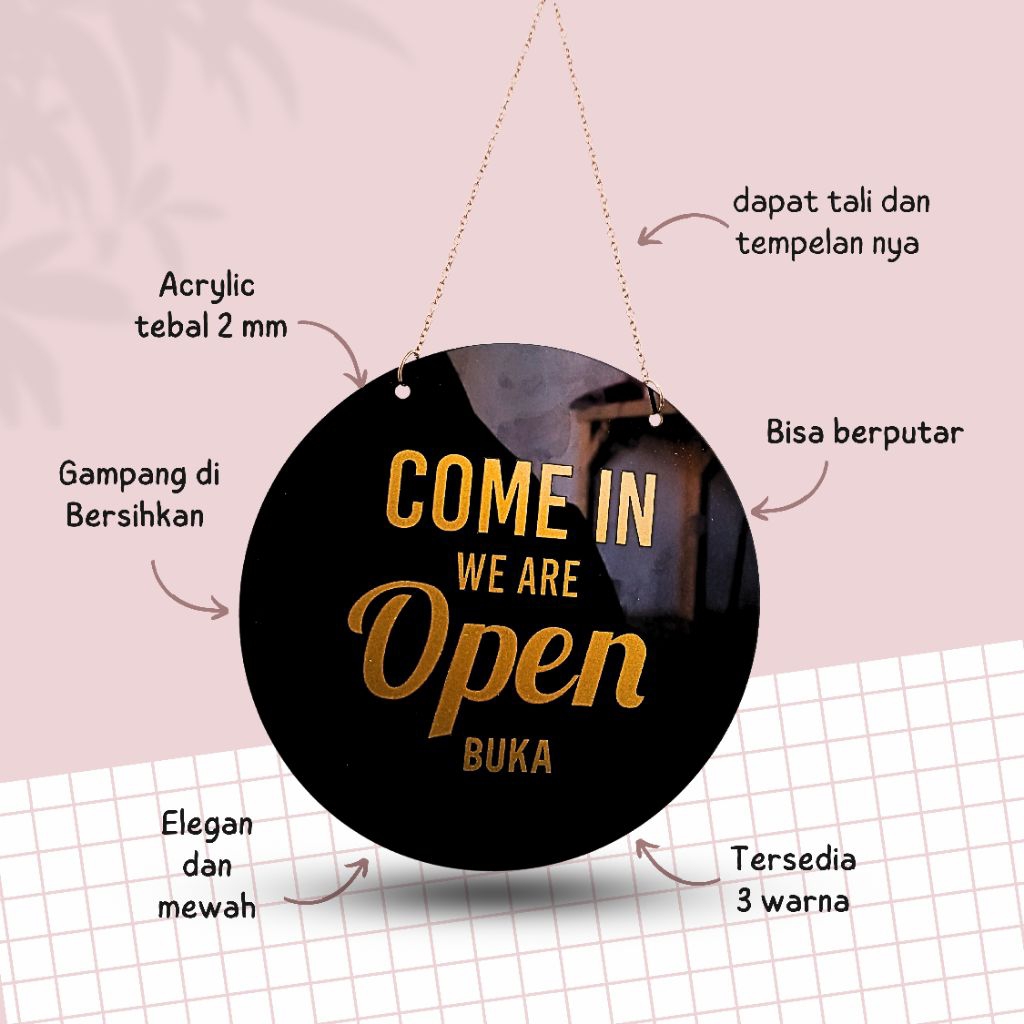PLANG ACRYLIC BULAT BUKA TUTUP ELEGAN – SIGN OPEN CLOSE PREMIUM TAHAN CUACA