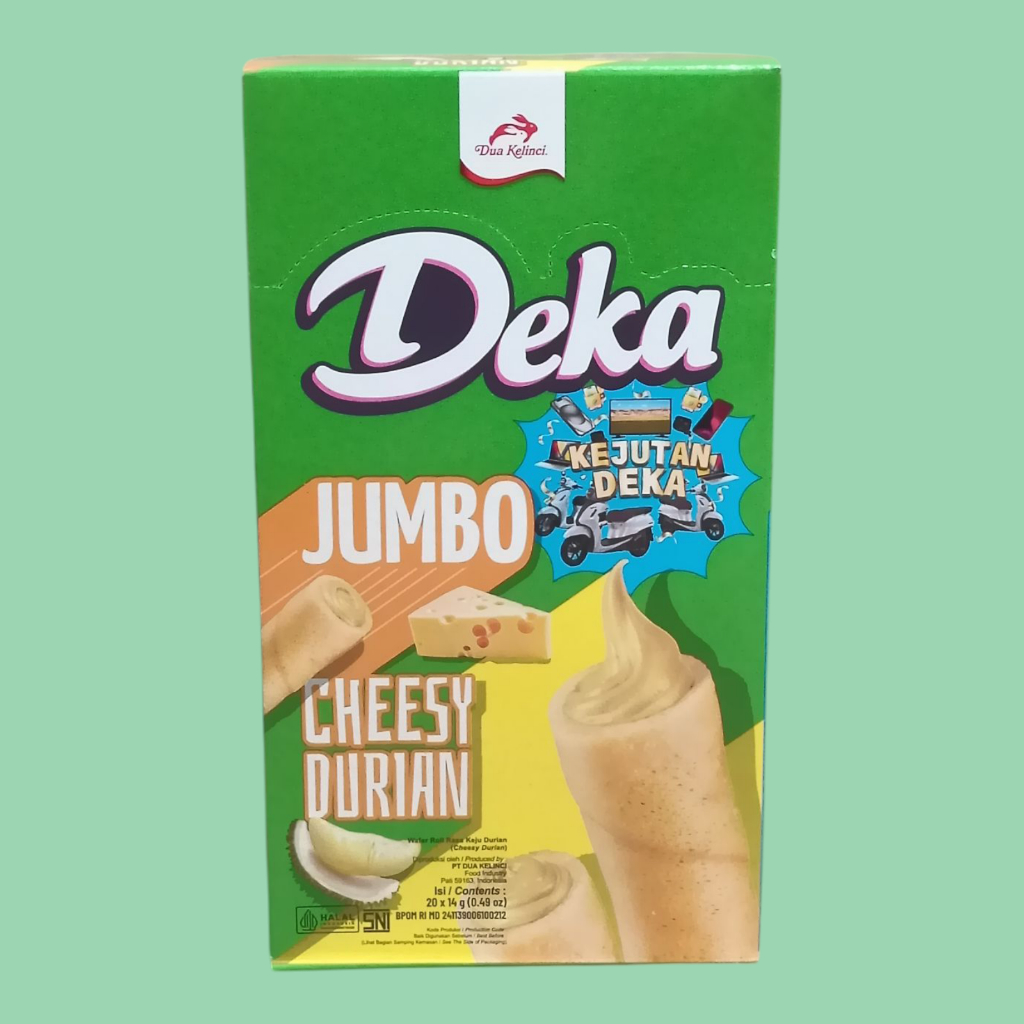 

DEKA JUMBO Cheesy Durian, Choco Banana & White Coffee Wafer Roll 14 gr [20 stick/box]