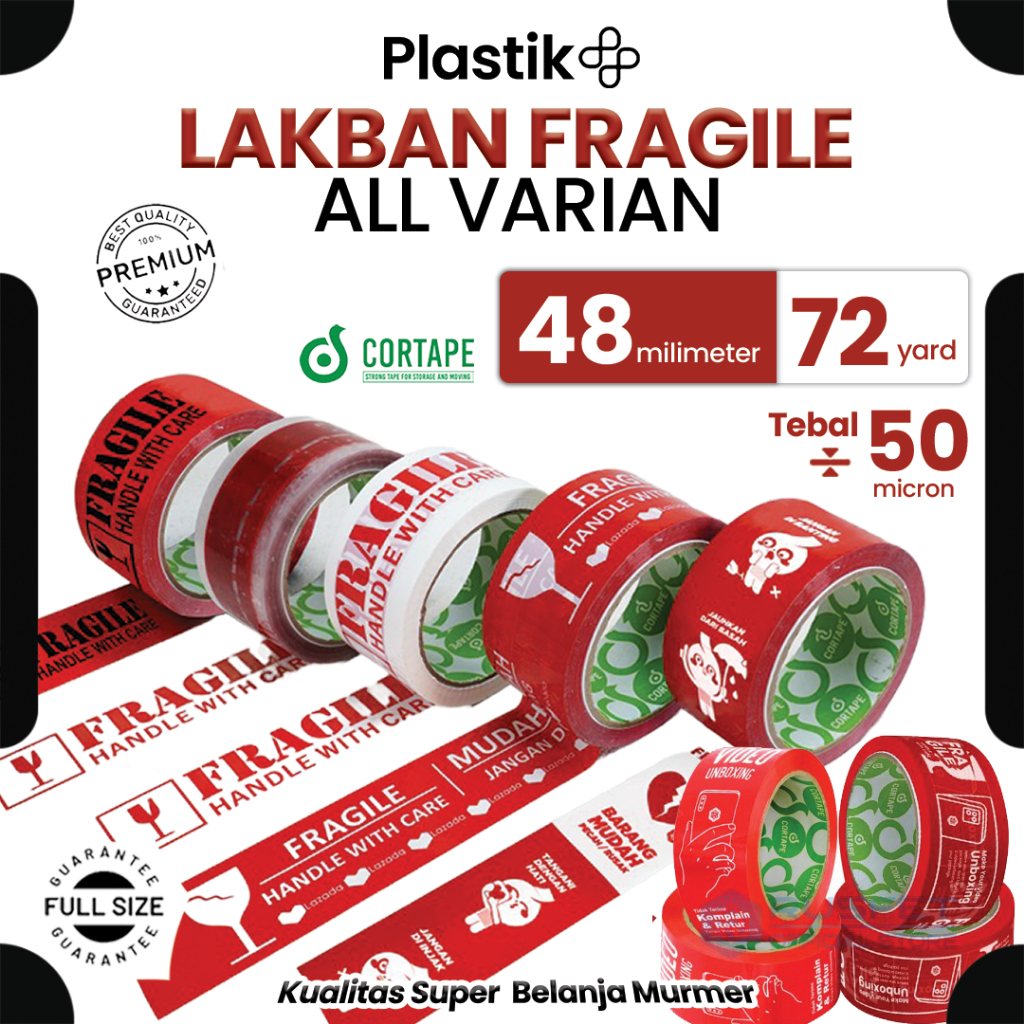 

Lakban / OPP Tape / Selotip Fragile dan Unboxing 2inch 48mm x 72yard Cortape AllVarian Harga Satuan