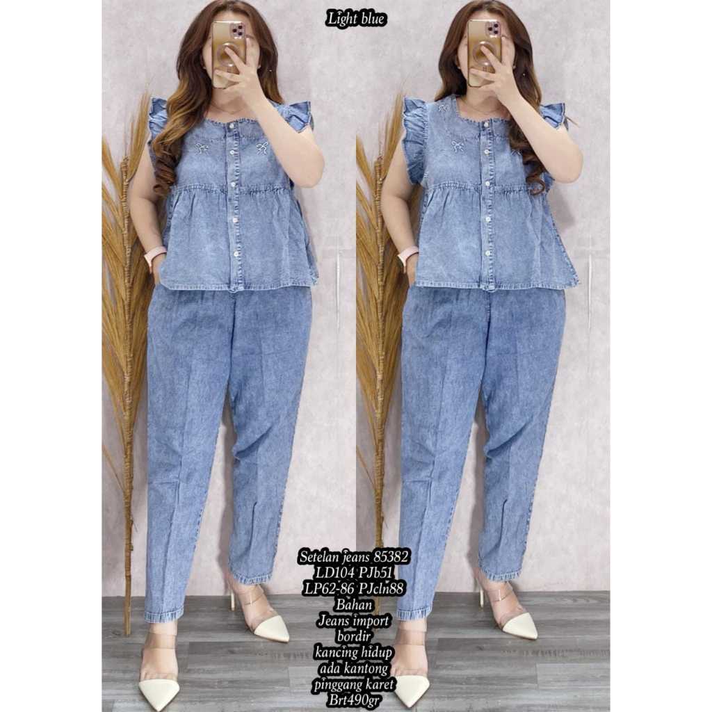 Setelan jeans wanita lengan pendek stelan Jeans bordir oneset wanita kekinian full kancing