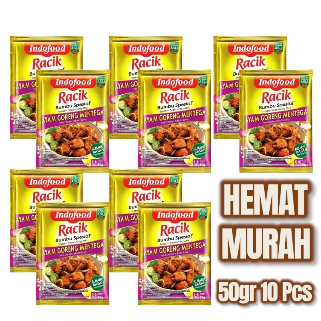 

RACIK BUMBU SPESIAL AYAM GORENG MENTEGA 50gr [ PAKET 10 Pcs ]