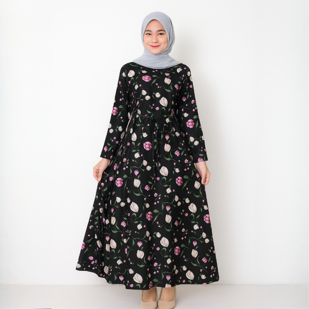 Gamis Katun Jepang Motif Bunga Tulip Terbaru  Dress Panjang Muslimah Lengan Rempel Busui Friendly