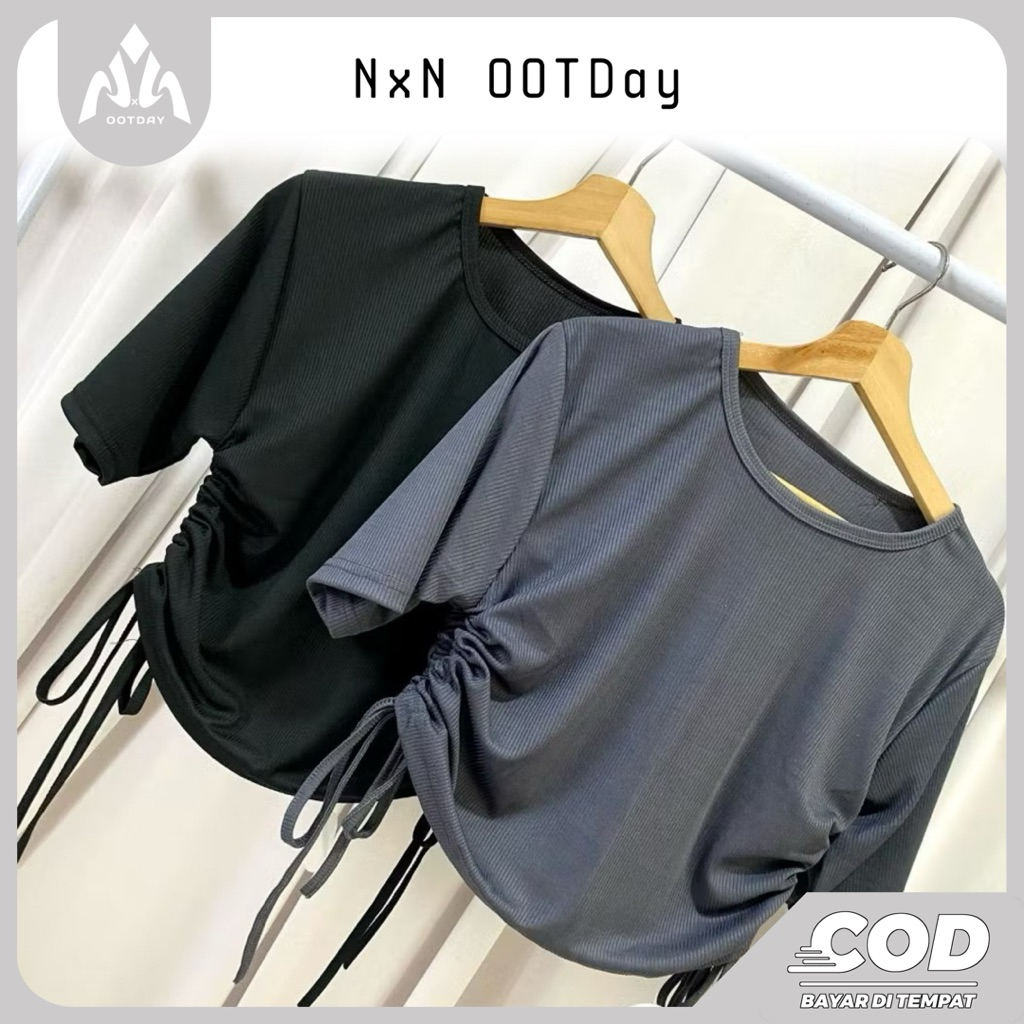 Baju Crop Top Tali Serut l Rib Knit Crop Top | Baju Serut Samping Rib Knit