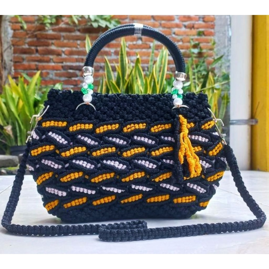 Tas Selempang Rajut TaliKur Daun Mutiara / Tas Talikur Motif Daun panjang / Tas Talikur  Wanita