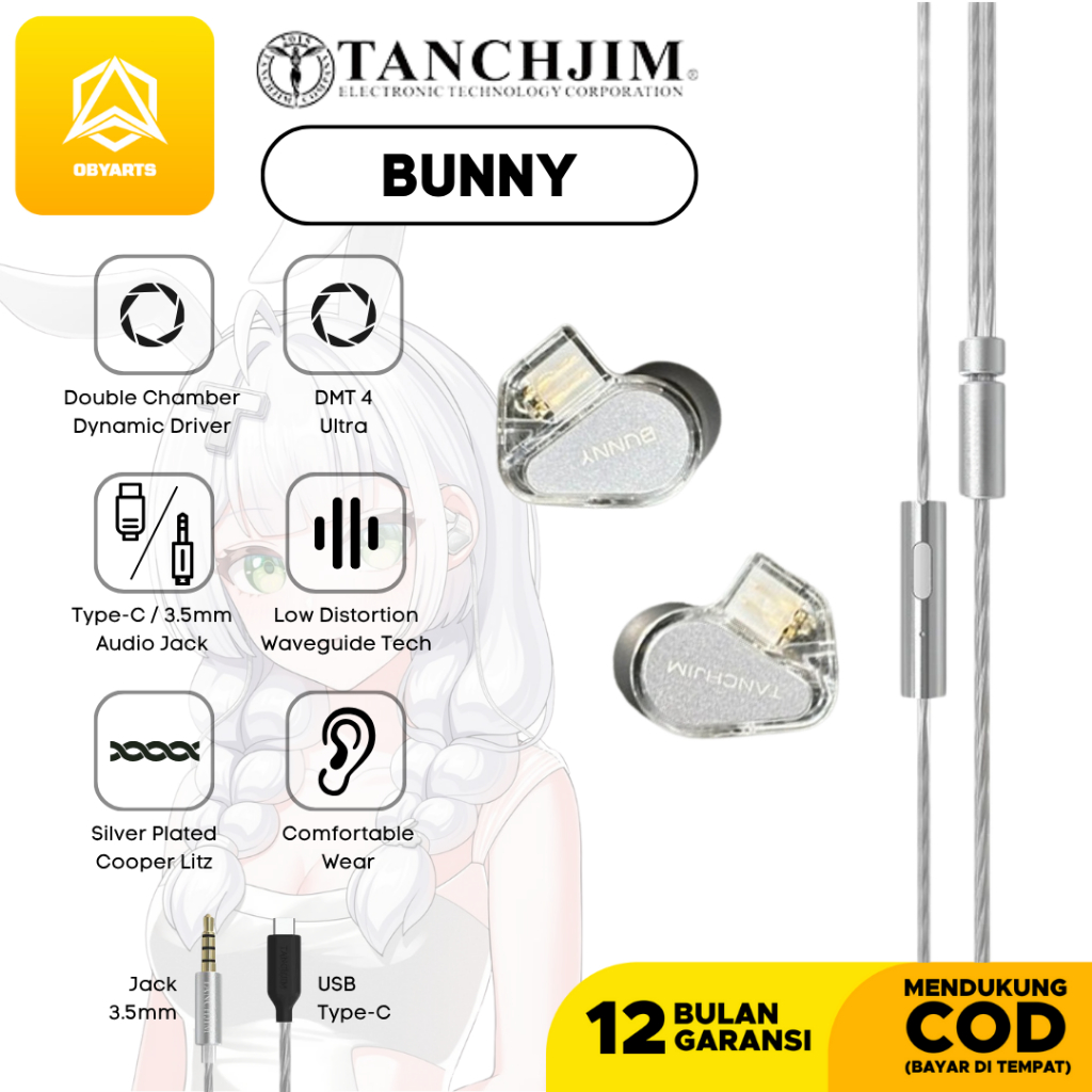 Tanchjim Bunny with Mic DMT4 Ultra Dynamic Driver Earphone In Ear Monitor Vokal IEM DSP / 3.5mm