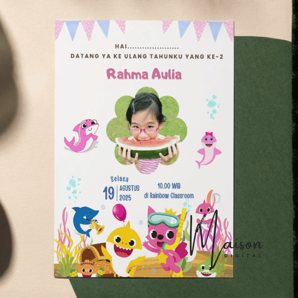 25 Pcs Undangan Ulang Tahun Baby Shark + Plastik OPP - Undangan Ultah - Undangan Ulang Tahun Custom