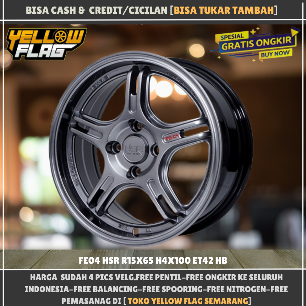 Velg mobil murah ring 15 hsr fe04 lubang baud 4x100 et42 lebar 6,5 hyper black r15 hsr original
