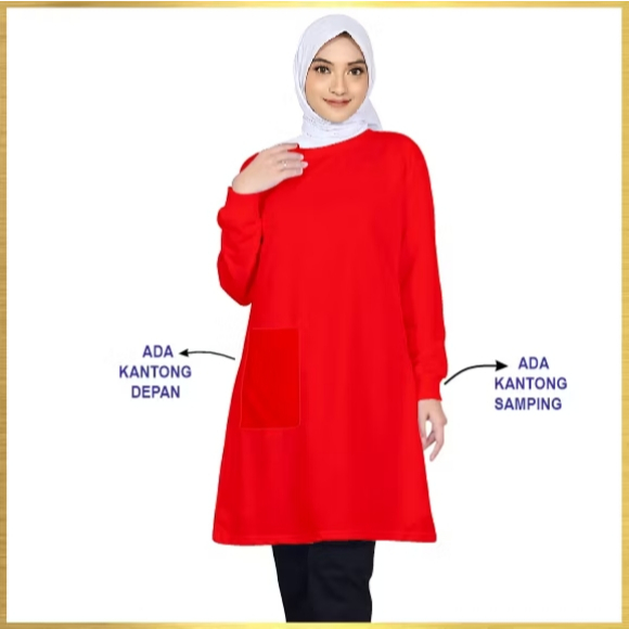 Kaos Tunik Wanita Polos Ada 2 Saku Depan + Saku Samping