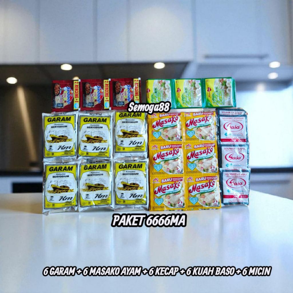 

PAKET BUMBU MURNI 25 RIBUAN 6 GARAM 150 GRAM + 6 ROYCO / MASAKO / SEDAAP KALDU + 6 KECAP 20 GRAM + 6 KUAH BASO 8 GRAM + 6 MICIN 14 GRAM / GARAM / BUMBU DAPUR / GAREM
