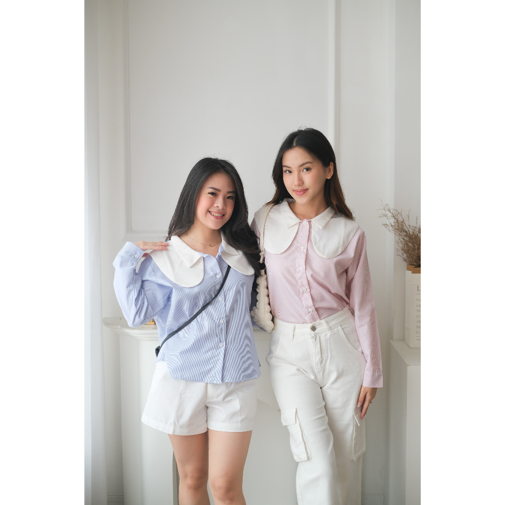 Blouse Wanita Kerah Lebar Motif Garis - UP Collection | Biru Langit, Pink