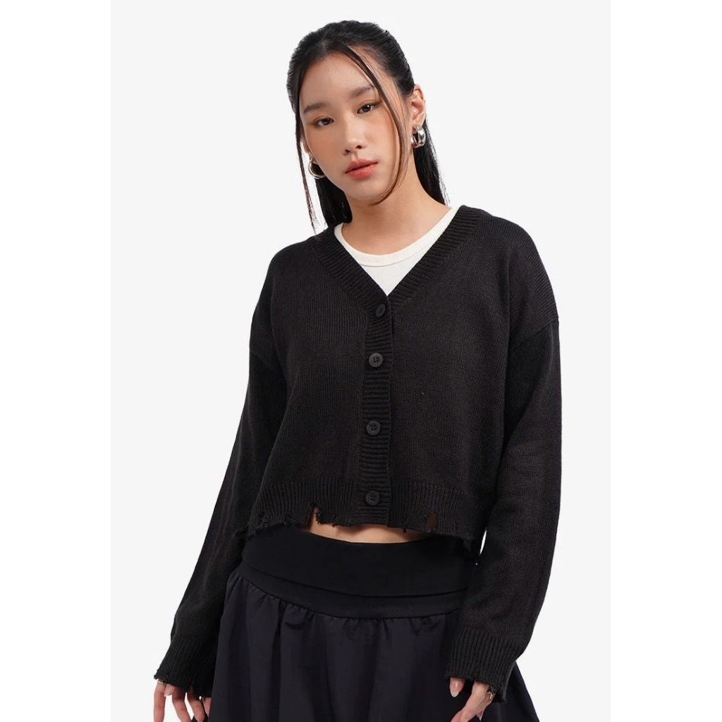 COLORBOX Distressed Long Sleeve Knit Cardigan Black