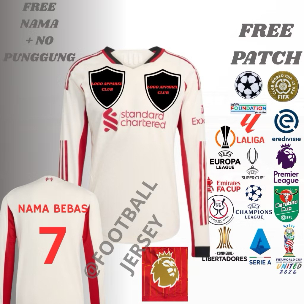 JERSEY LIVERPOOL AWAY LONGSLEEVE 2025/2026 (FREE NAME SET & PATCH) FULL PRINTING