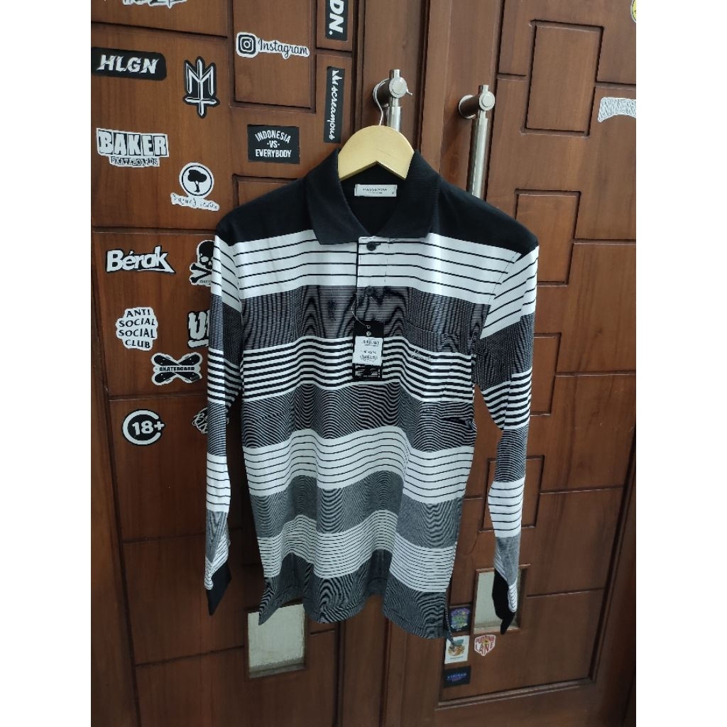 Kaos Kerah/Polo Pria Hassenda Lengan Panjang UK M & L, Variasi Garis" Hitam, Motif E, 100%Original&M