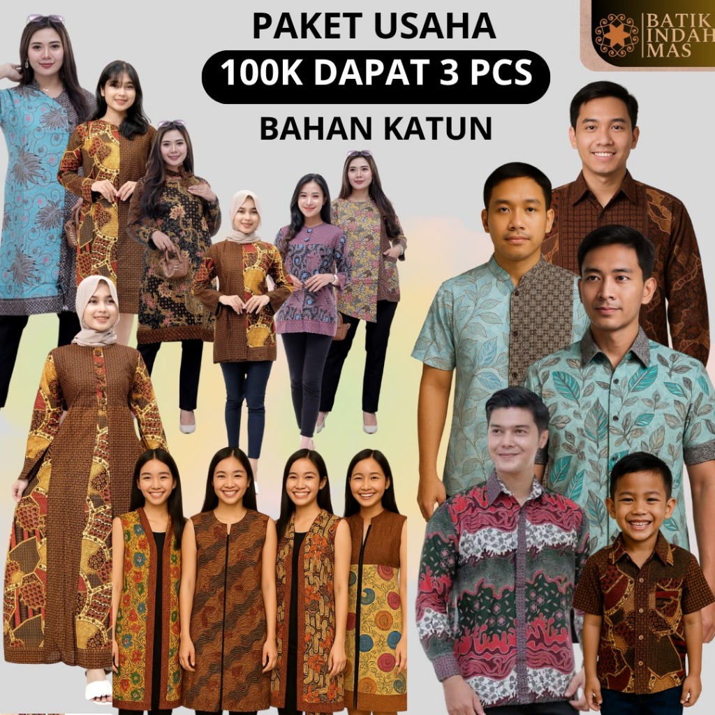 Paket Usaha Grosir Baju Katun Seragaman 3PCS Gamis, Hem Dewasa, Hem Anak, Blouse, Tunik, Kemeja, Out