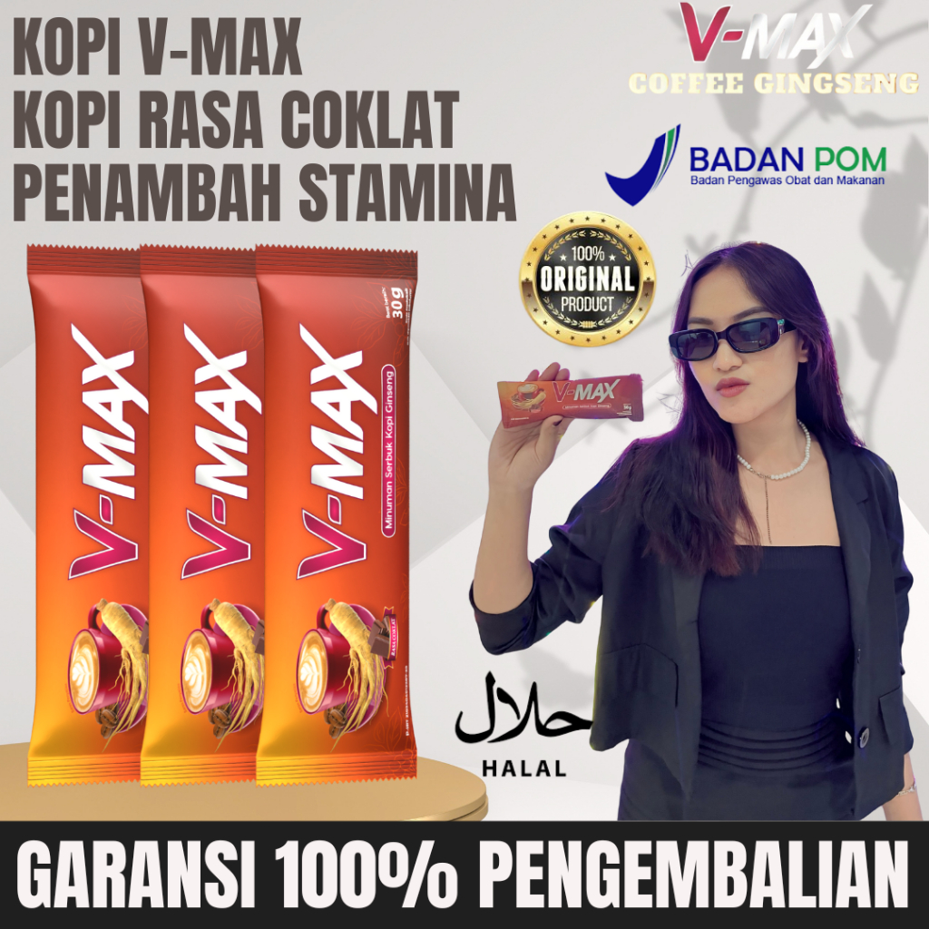 

KOPI V-MAX Minuman kopi dengan Rasa Coklat Penambah Gairah, 1 Box Isi 10 Sachet sudah tersertifikasi HALAL MUI dan BPOM