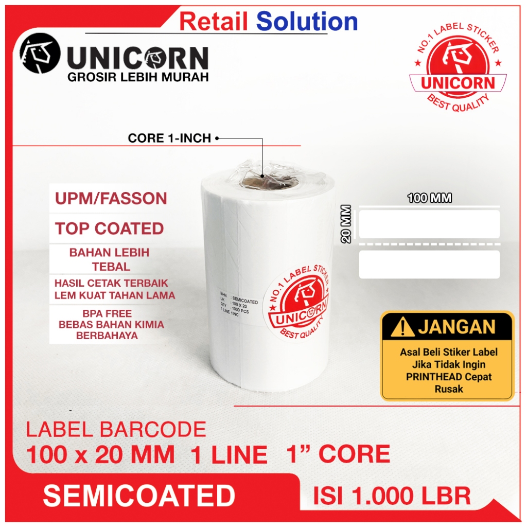 

Stiker Label Barcode Semicoat 100x20 mm / 100 x 20 mm / 100x20mm isi 1000 Lembar