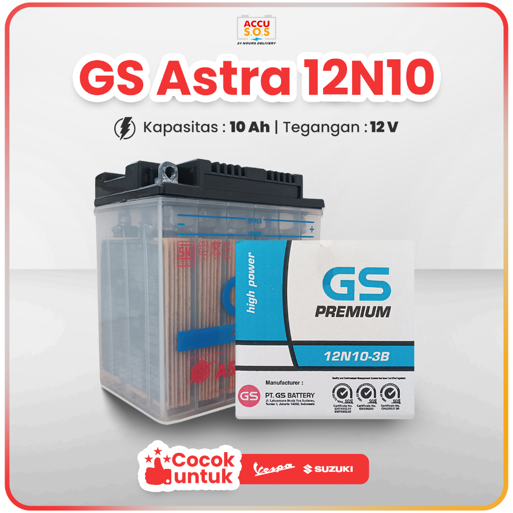 Aki Motor GS Astra 12N10 untuk Suzuki Thunder 250Vespa Excel Series