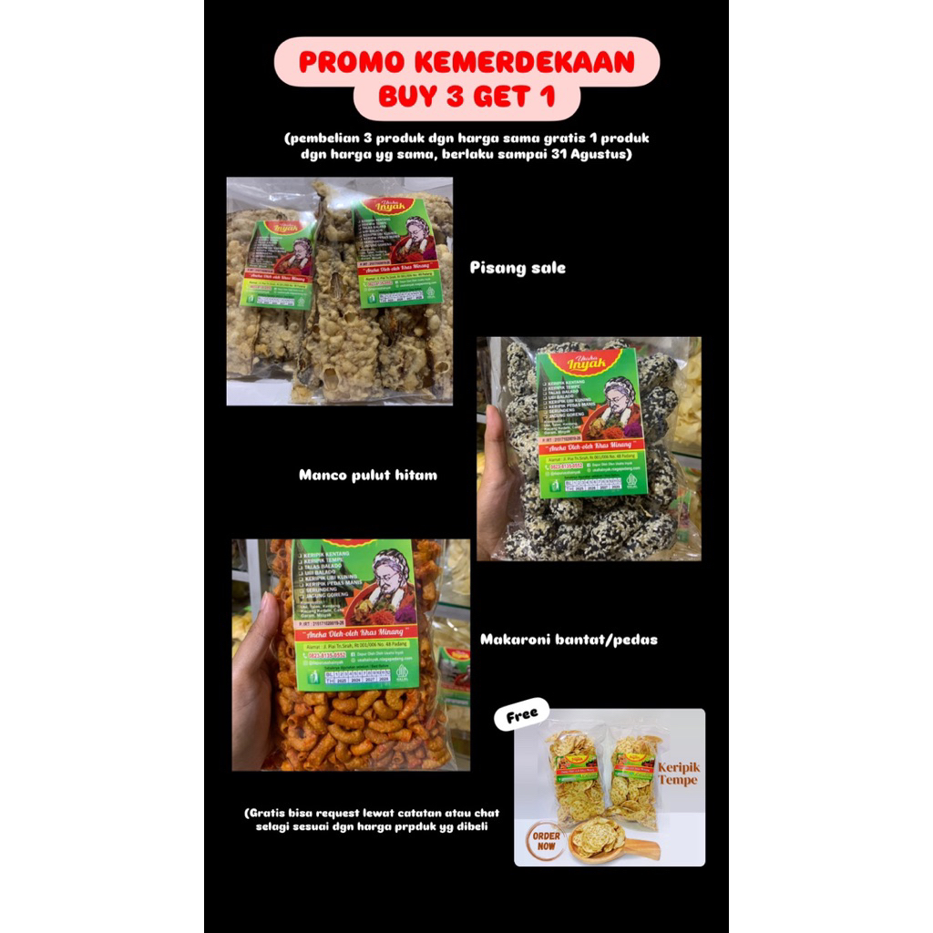 

(PROMO PAKET KEMERDEKAAN PRODUK Harga 12.000) Pisang sale, Manco pulut hitam, Makaroni, Keripik Usaha Inyak