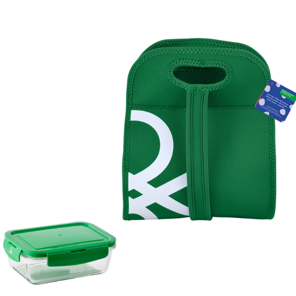[100% ASLI] United Colors Of Benetton Lunch Set GREEN Tas + Glass Container Tas Bekal Makan Siang (s